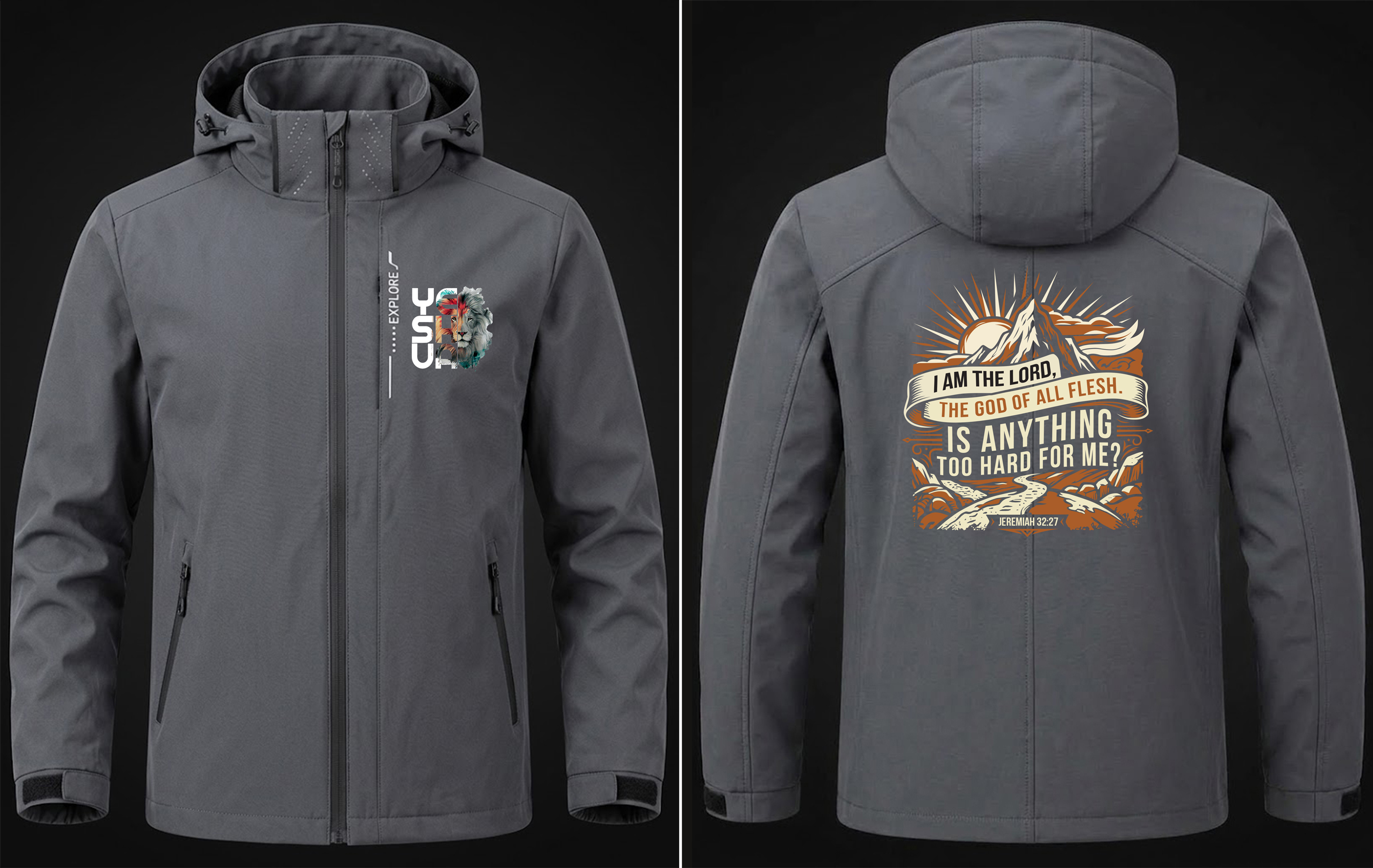 Jeremiah 32:27 Gray jacket, front and back